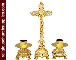 Brass Altar Cross and Candlestick Set